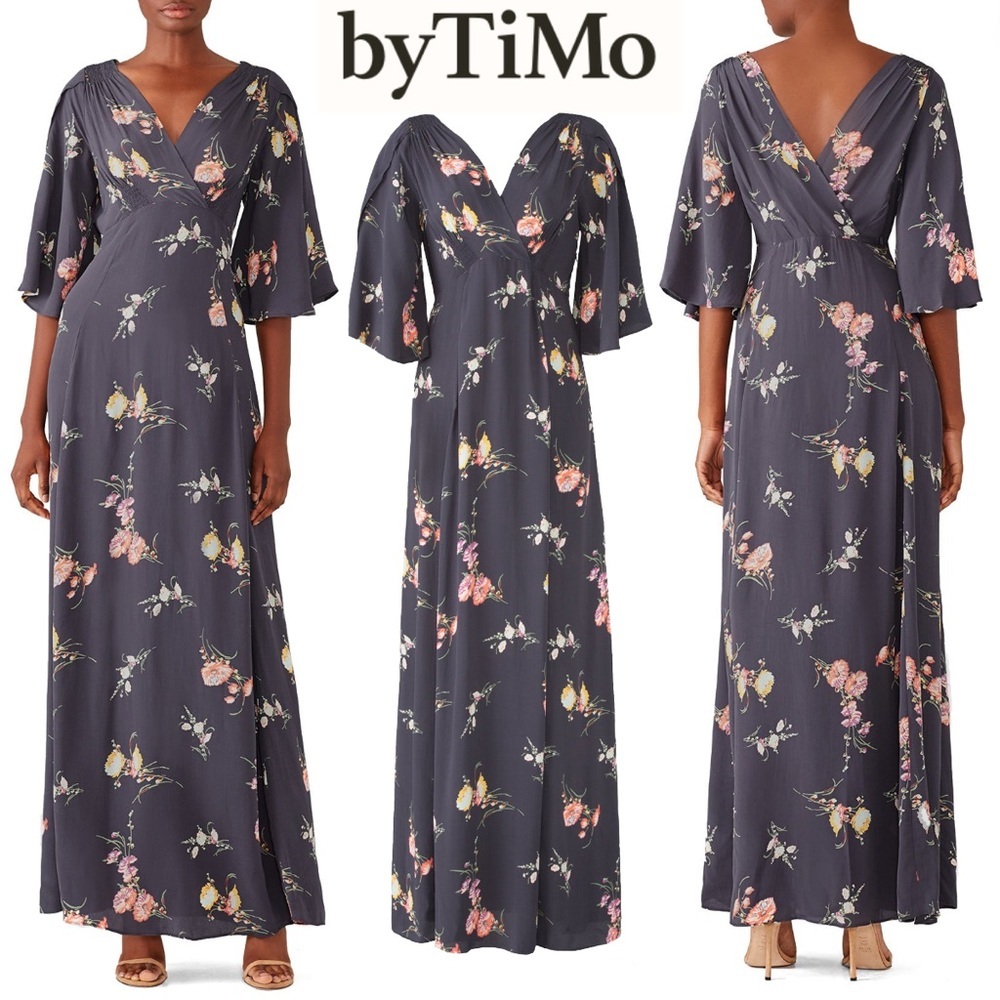 byTiMO Vintage Maxi Dress Gray Floral Romantic Victorian Wedding Boho Coquette L